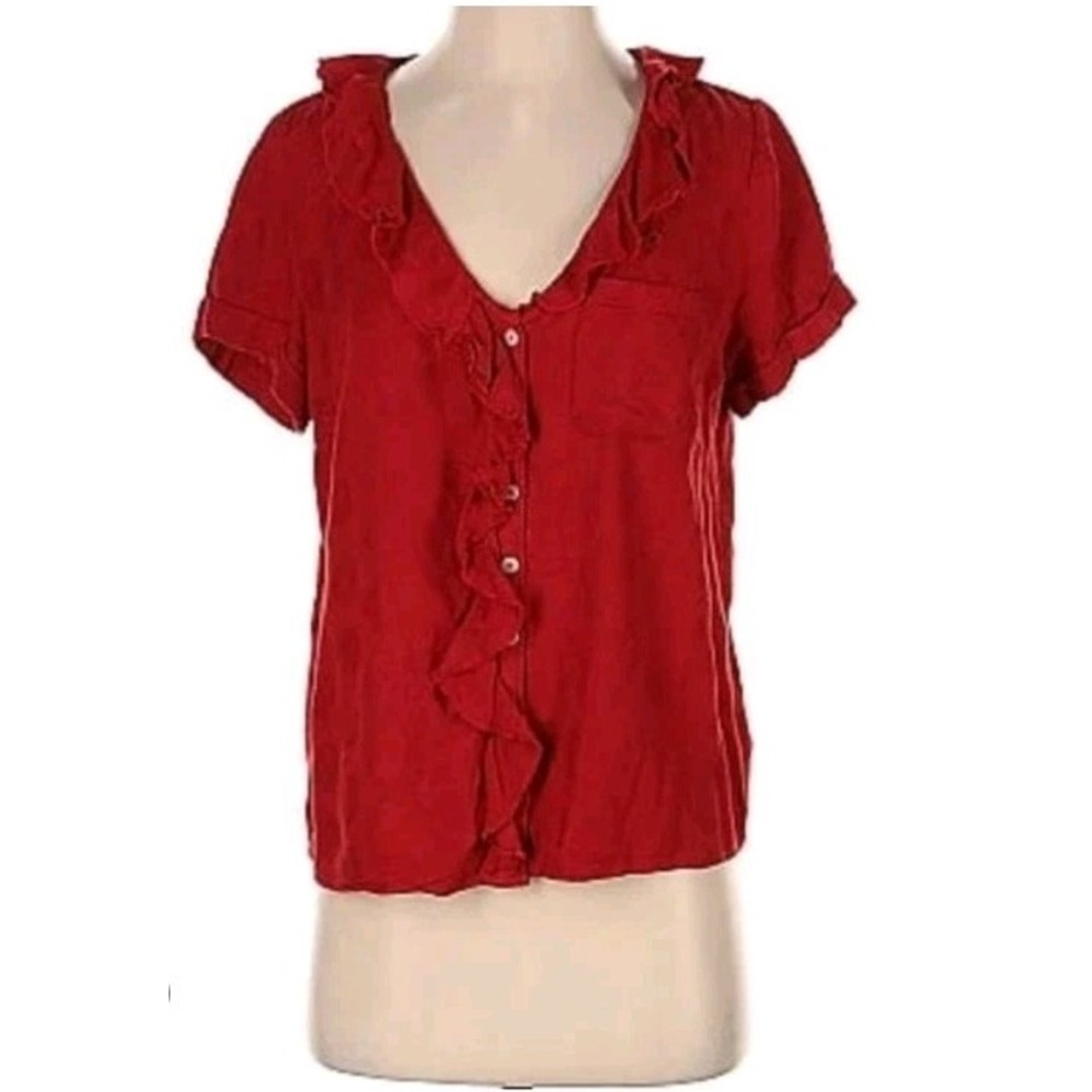 Maeve Anthropologie Red Ruffled Button Up Polka Dot Jacquard Shirt Medium